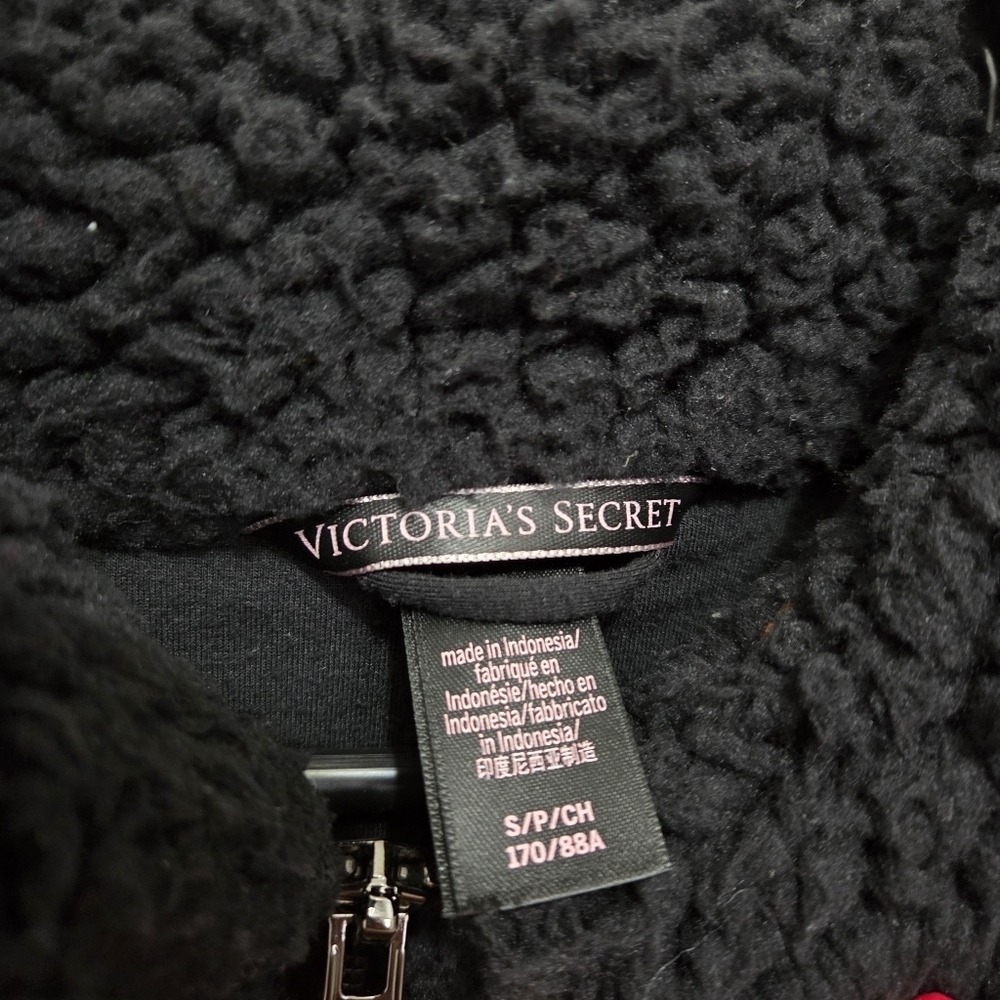 Victoria's Secret Black Sherpa Full Zip Bomber Jacket Size Small Winter Fall - Picture 10 of 12
